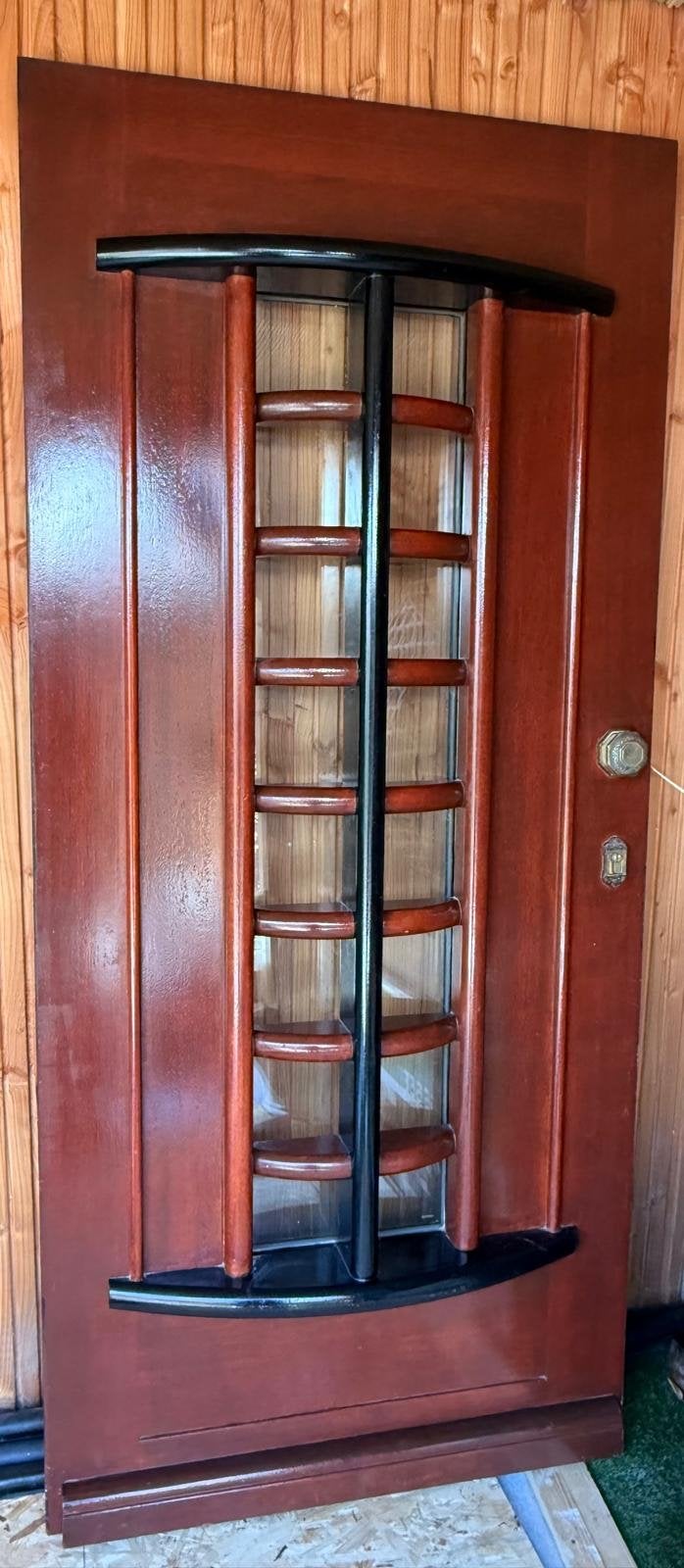 Mahonie bruine voordeur met glas en vierpuntssluiting, Doe-het-zelf en Verbouw, Ophalen, 80 tot 100 cm, 200 tot 215 cm, Hout