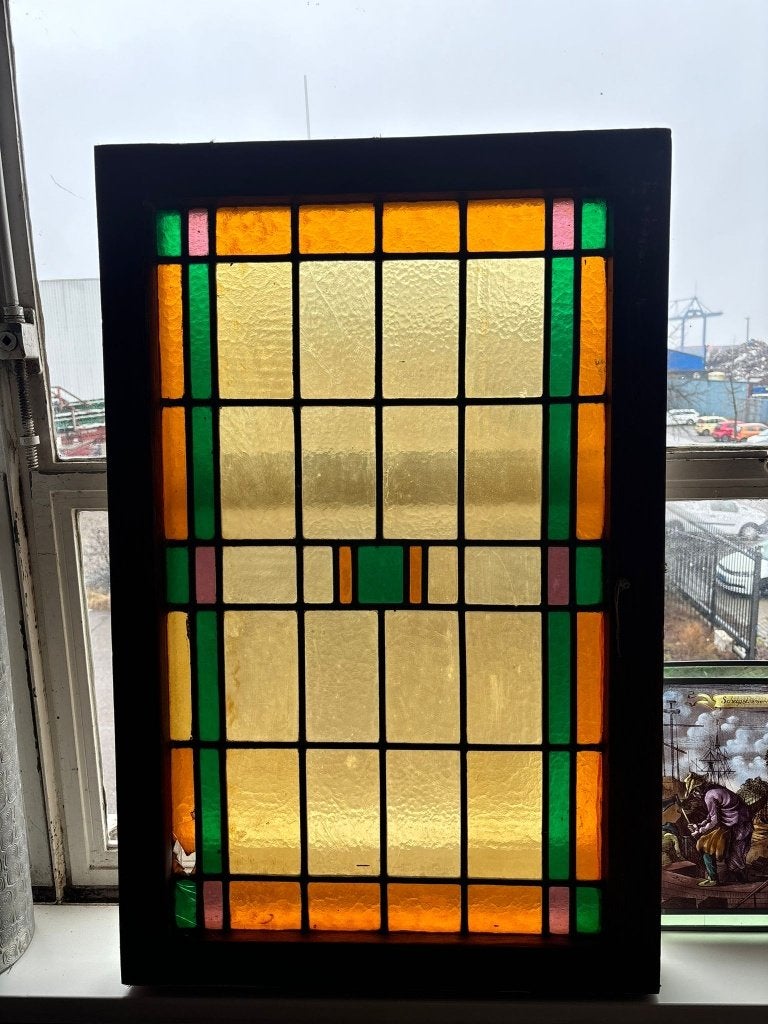 Glas in lood raam paneel art deco houten kozijn  CS26742, Doe-het-zelf en Verbouw, Ophalen, Gevelraam of Ruit, Gebruikt, Minder dan 80 cm