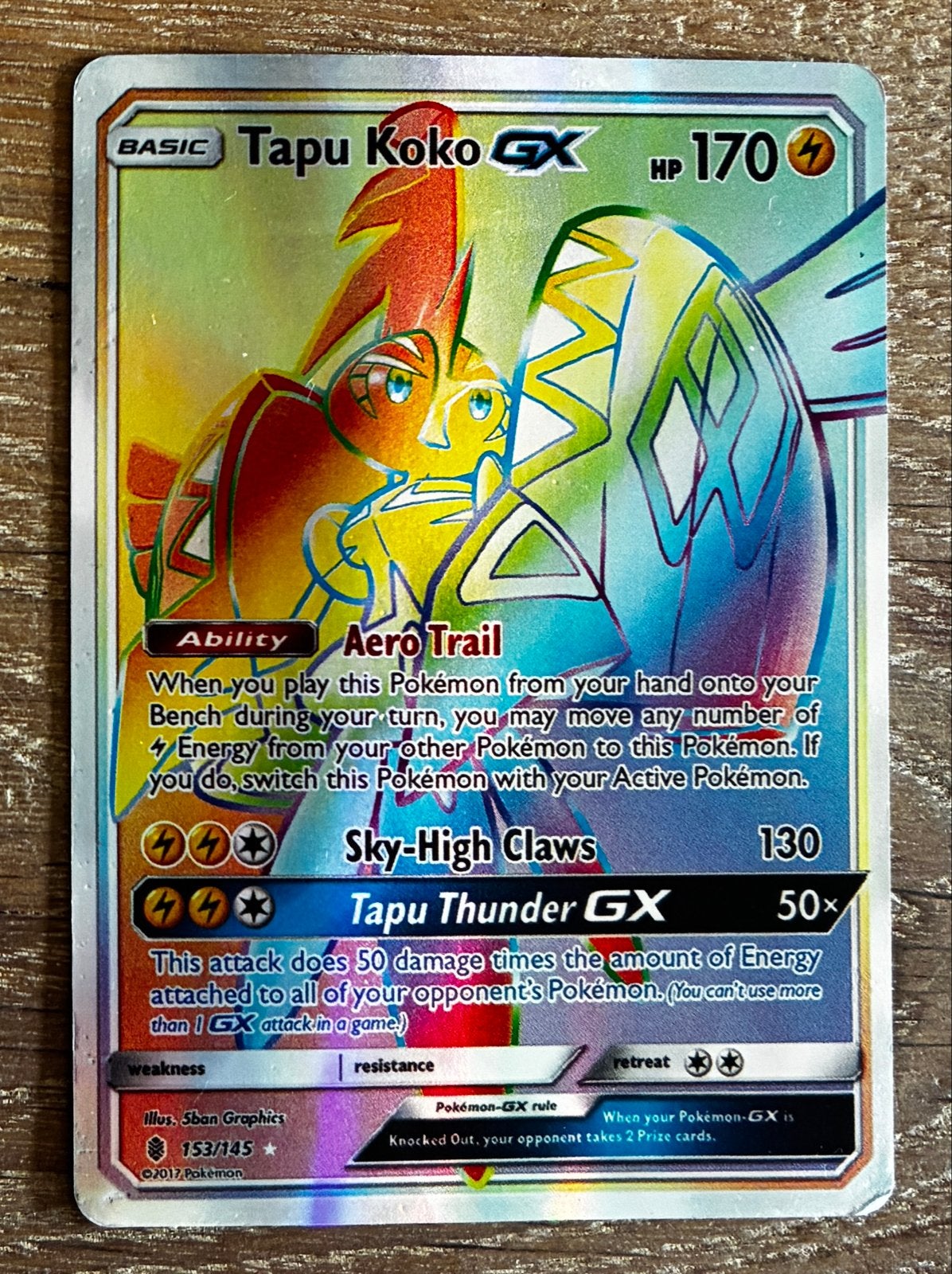 Tapu Koko GX Rainbow Rare Pokémon Kaart 153/145, Ophalen of Verzenden, Zo goed als nieuw, Losse kaart, Foil