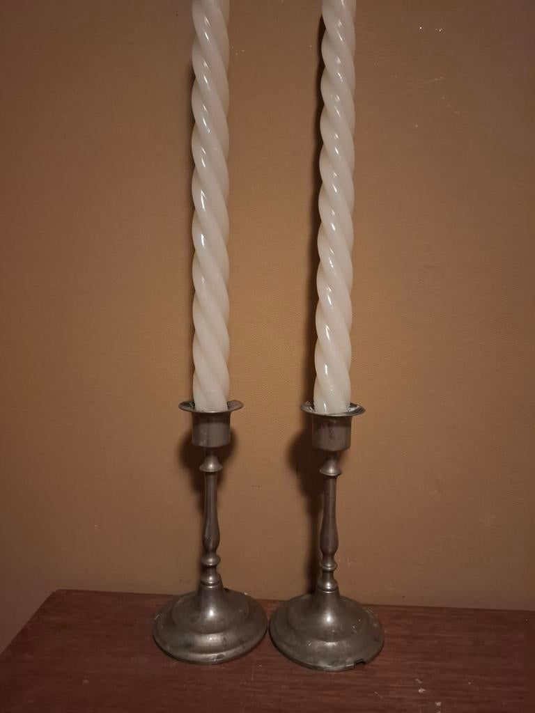 Set van 2 vintage tinnen kandelaars, Ophalen of Verzenden