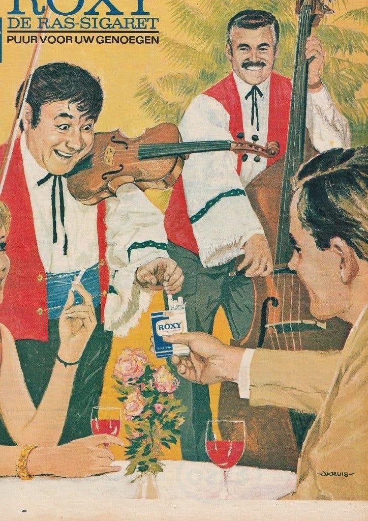 retro reclame 1962 Roxy sigaretten muziekinstrumenten cello, Verzenden, Overige typen