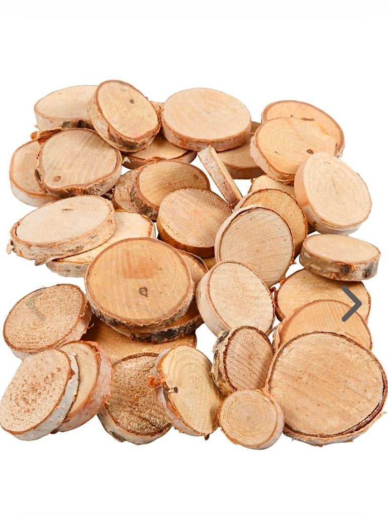 Houten boomstamschijfjes 1.2kg, 7mm dik, 2.5-4.5cm diameter, Hobby en Vrije tijd, Knutselen, Xx, Xx, Nieuw, Xx