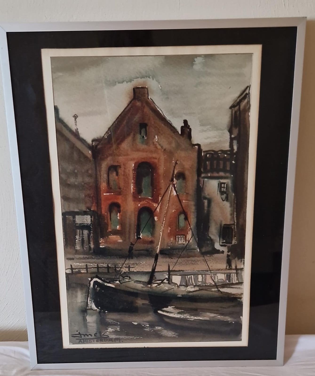 Aquarel Amsterdamse gracht Jacques Mels, Expressionistisch, Ophalen of Verzenden, Aquarel, Stads- / dorpsgezicht