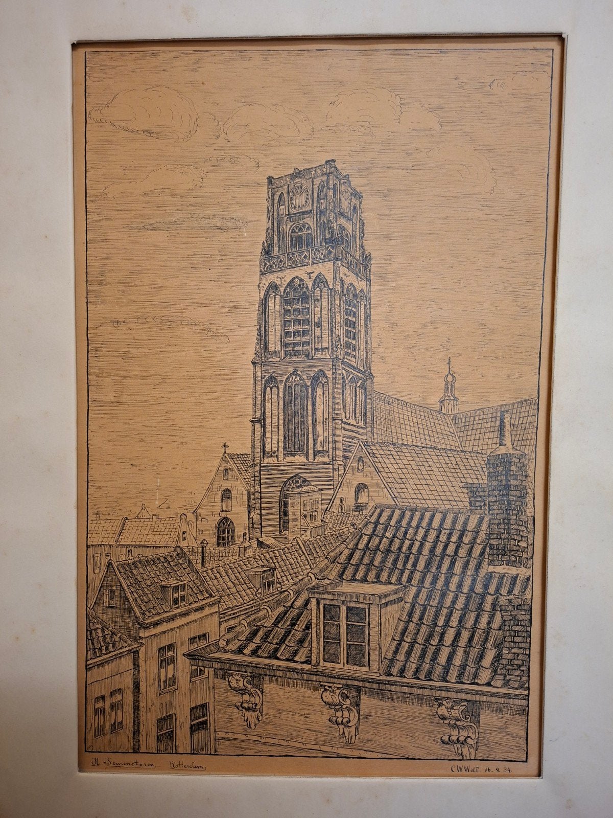 Antieke ets Laurenskerk Rotterdam, gesigneerd C.W. Wolf 1934, Origineel, Ets, Stadsgezicht, Ophalen of Verzenden