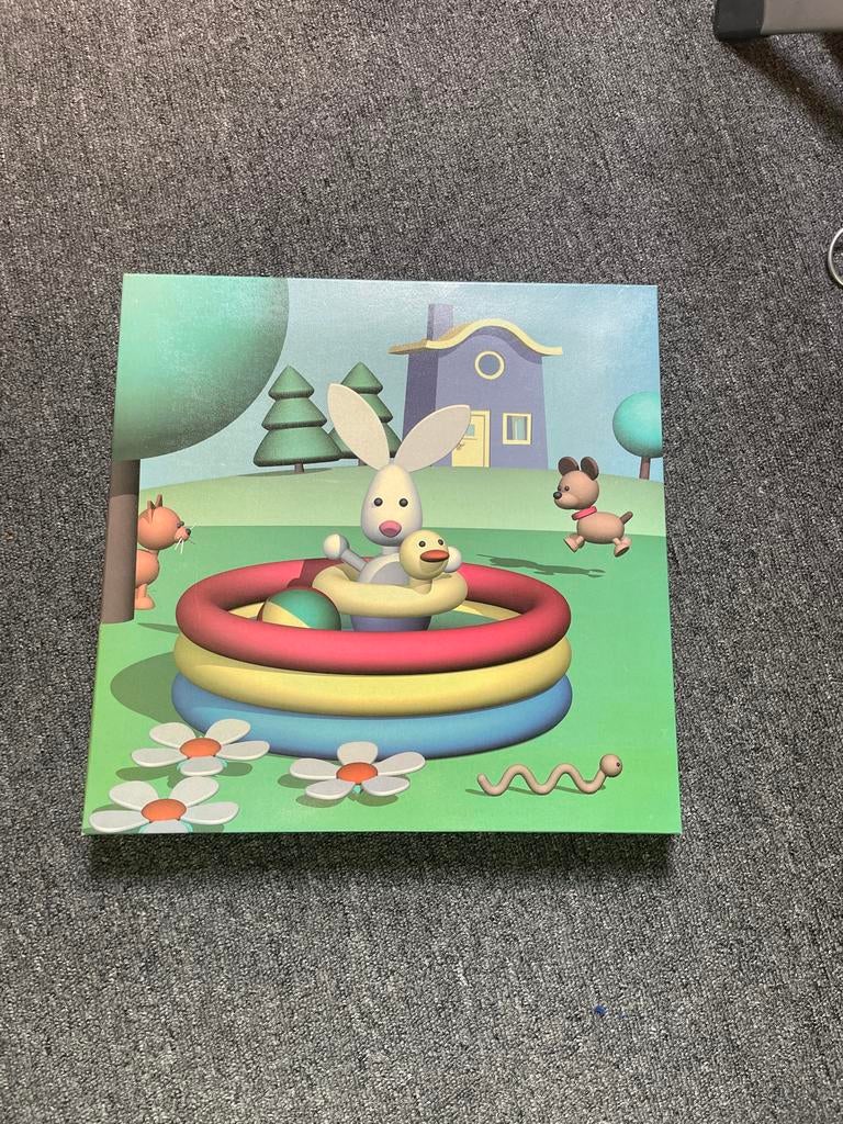 Houten schilderij Hopla konijn en vriendjes, Ophalen of Verzenden, Gebruikt, Schilderij, Minder dan 50 cm