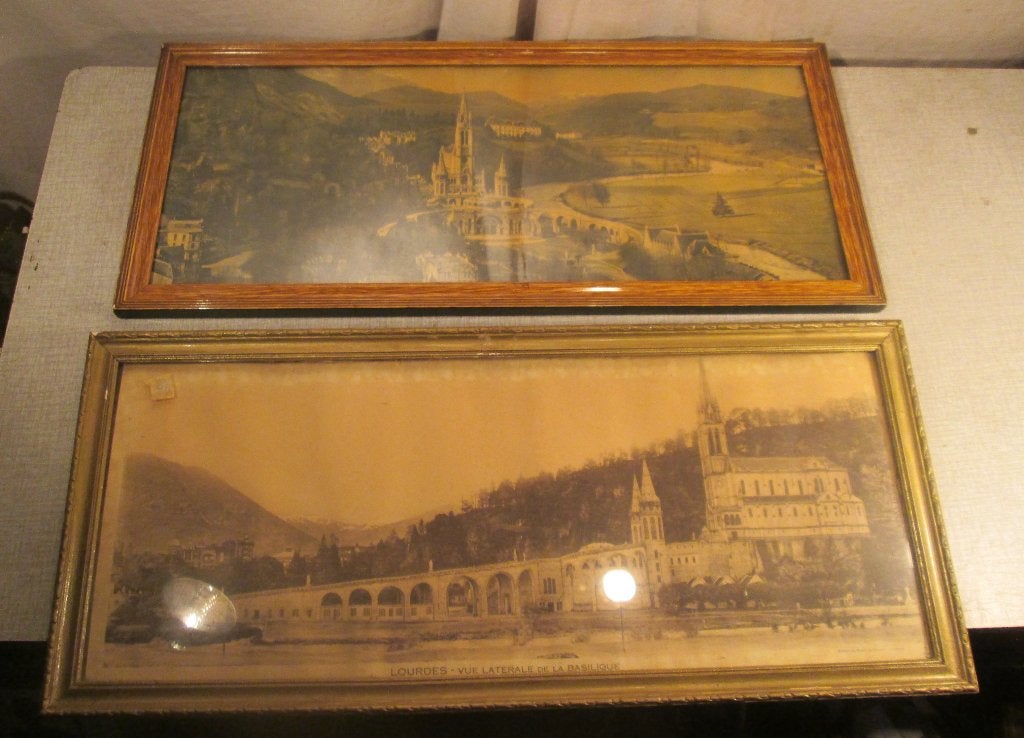 2 Antieke Houten Fotolijsten 'Lourdes' - 60x27, Standaard fotolijst, Ophalen of Verzenden, Zo goed als nieuw, Met glas