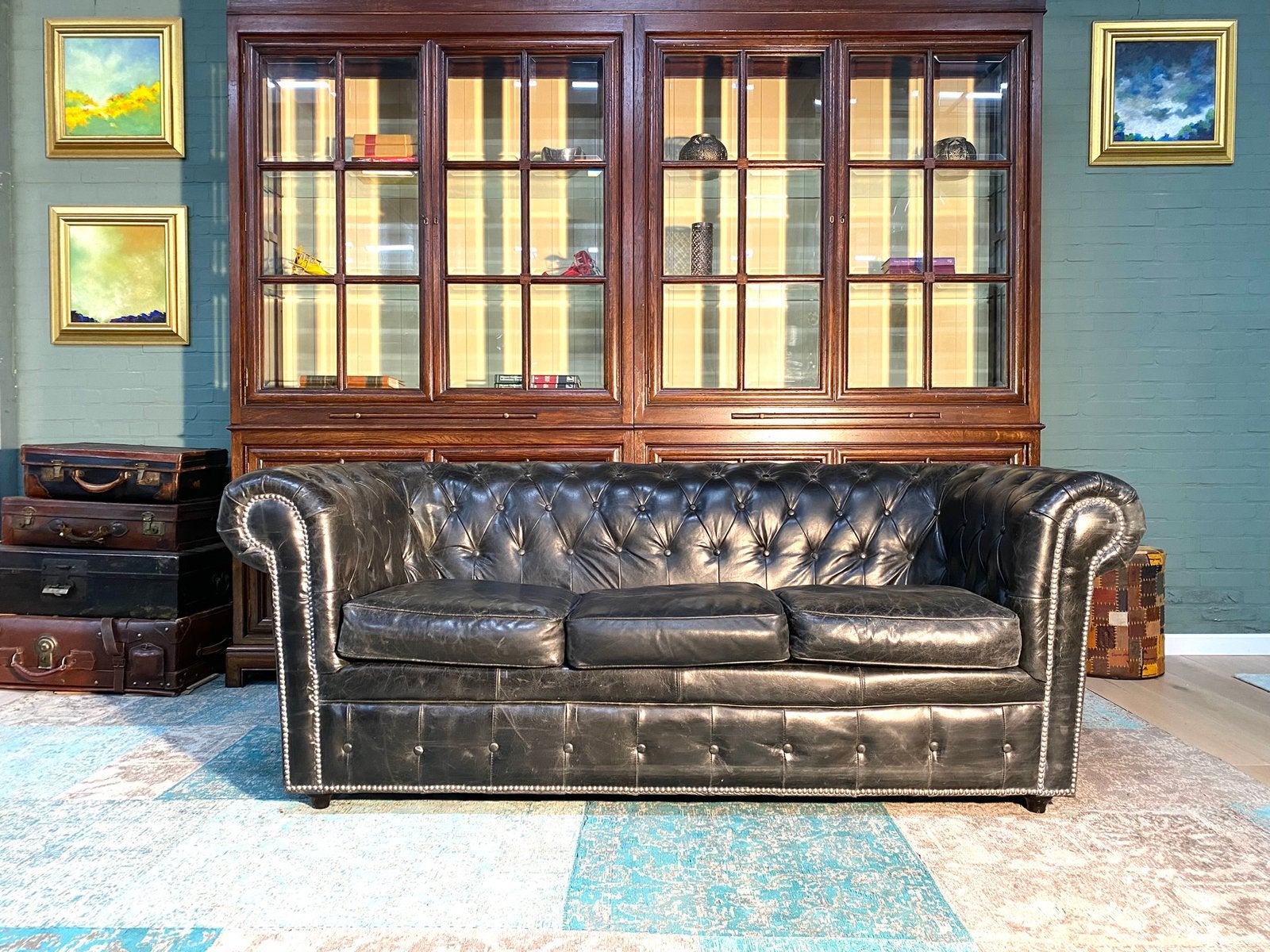 Stoere Chesterfield bank vintage zwart, Ophalen, Gebruikt, Rechthoekig, Leer