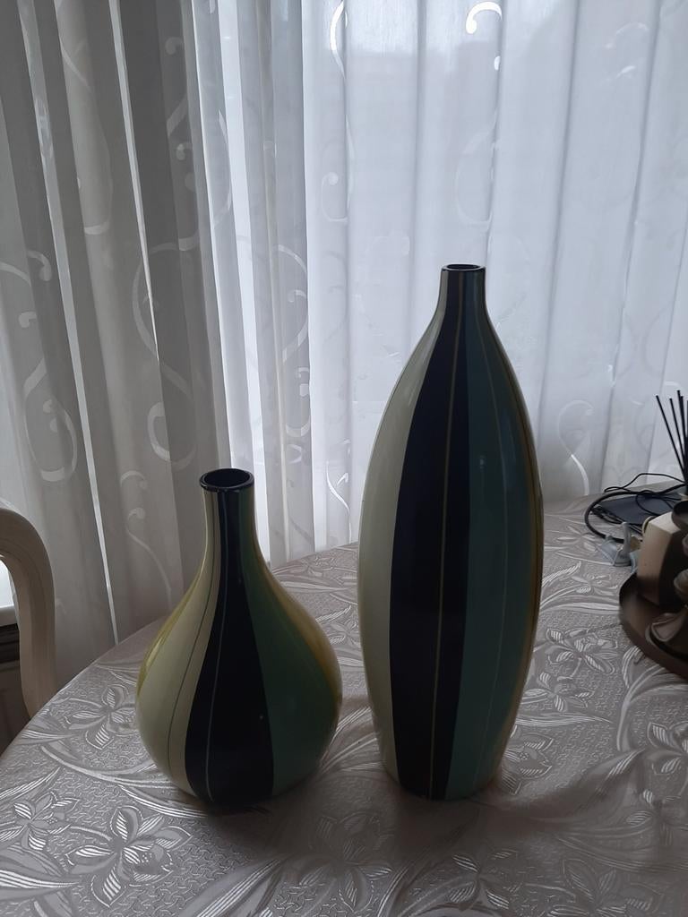Retro groen/bruin/petrol/gele vazen, Huis en Inrichting, Woonaccessoires | Vazen, Ophalen of Verzenden, Zo goed als nieuw, Groen