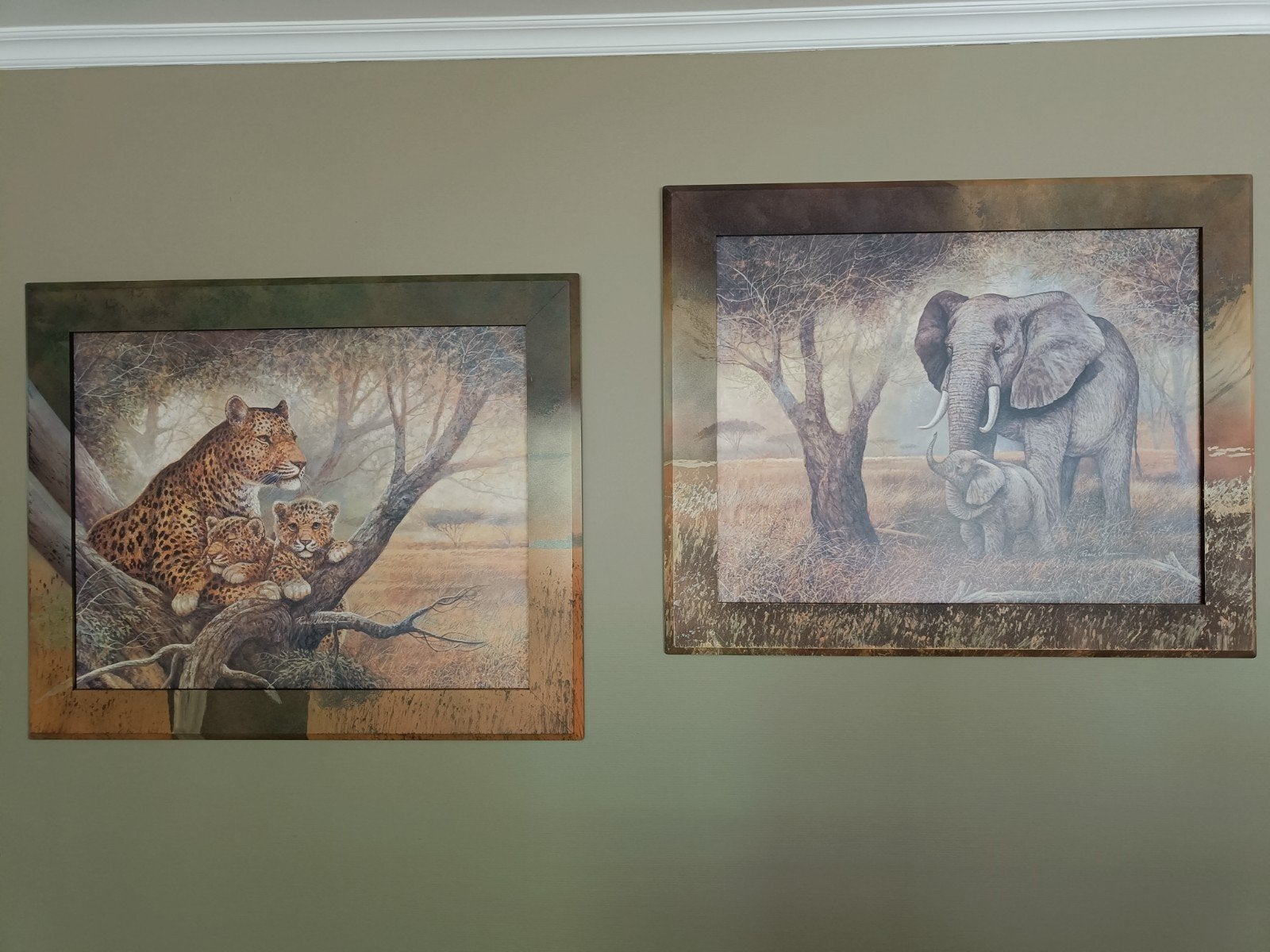 Set van 2 Afrikaanse dieren schilderijen: luipaarden en olif, Ophalen of Verzenden