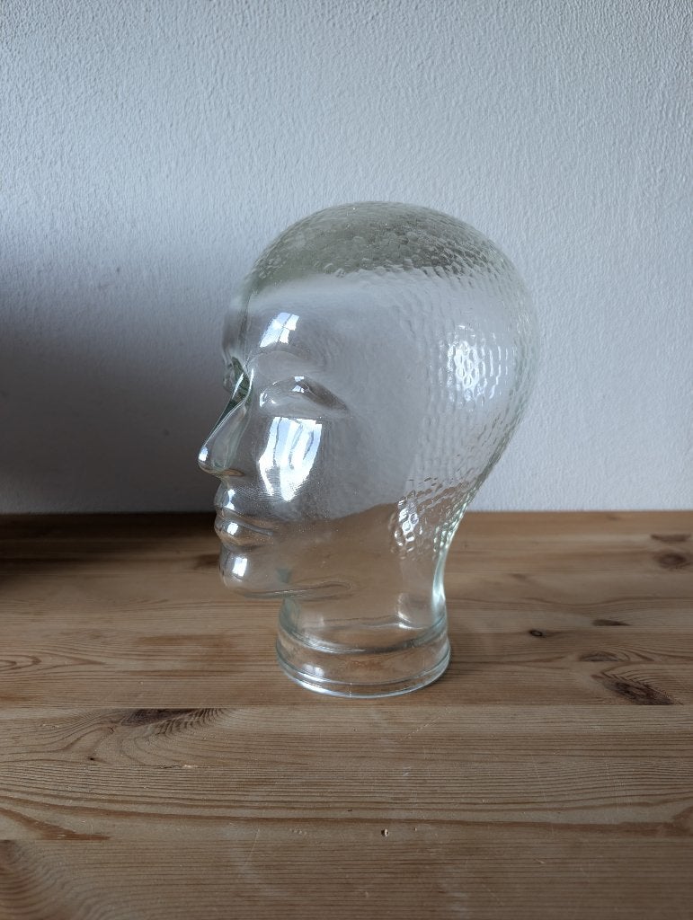 Vintage glazen mannequinhoofd (jaren '60-'70), Antiek en Kunst, Wit, 26 cm, Beeld, Ophalen