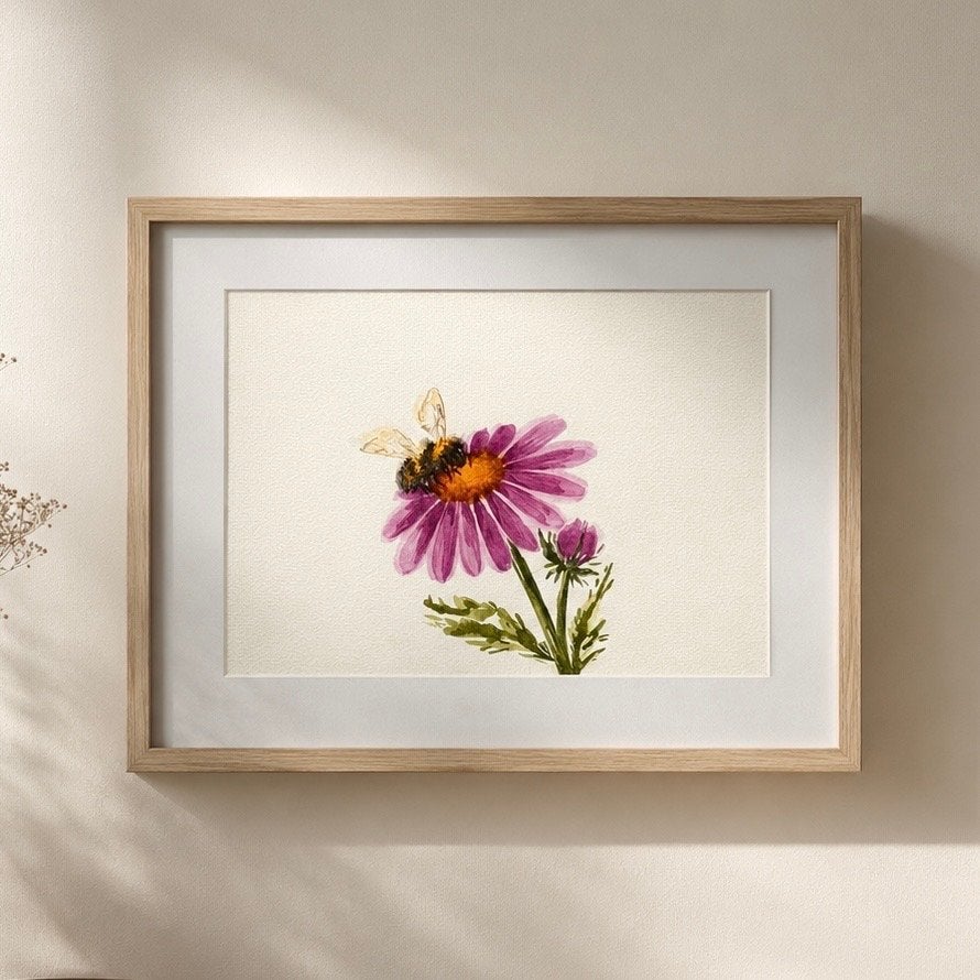 Aquarel schilderij: Bij op paarse bloem (A5, oningelijst), Verzenden