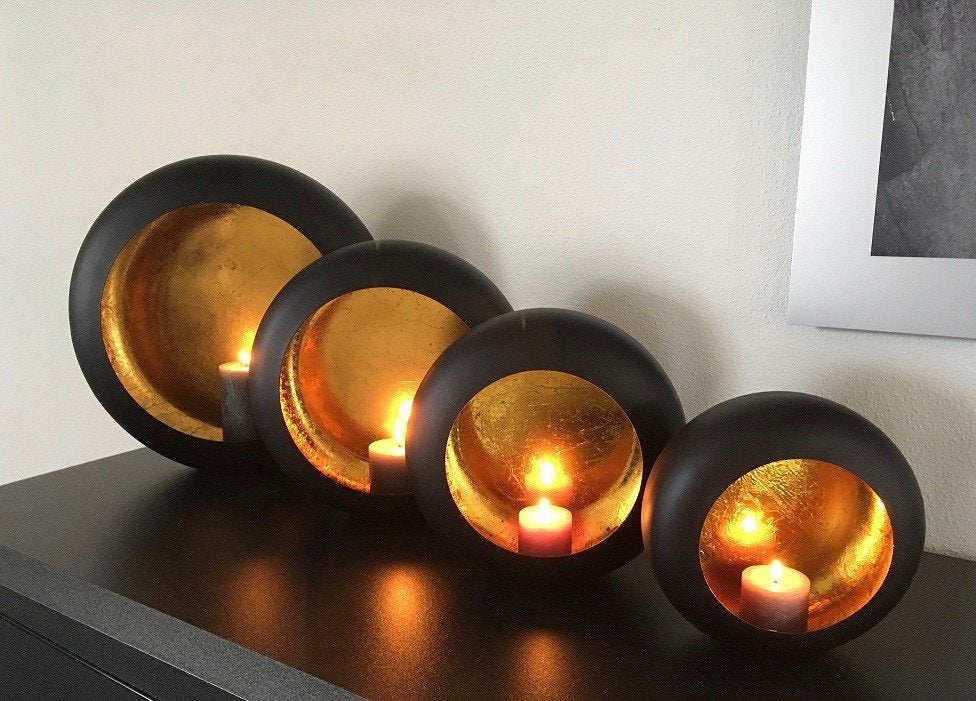 Marrakech round candles black/gold S,M,L of XL Nieuw!, Windlicht, Nieuw, Ophalen of Verzenden, Metaal