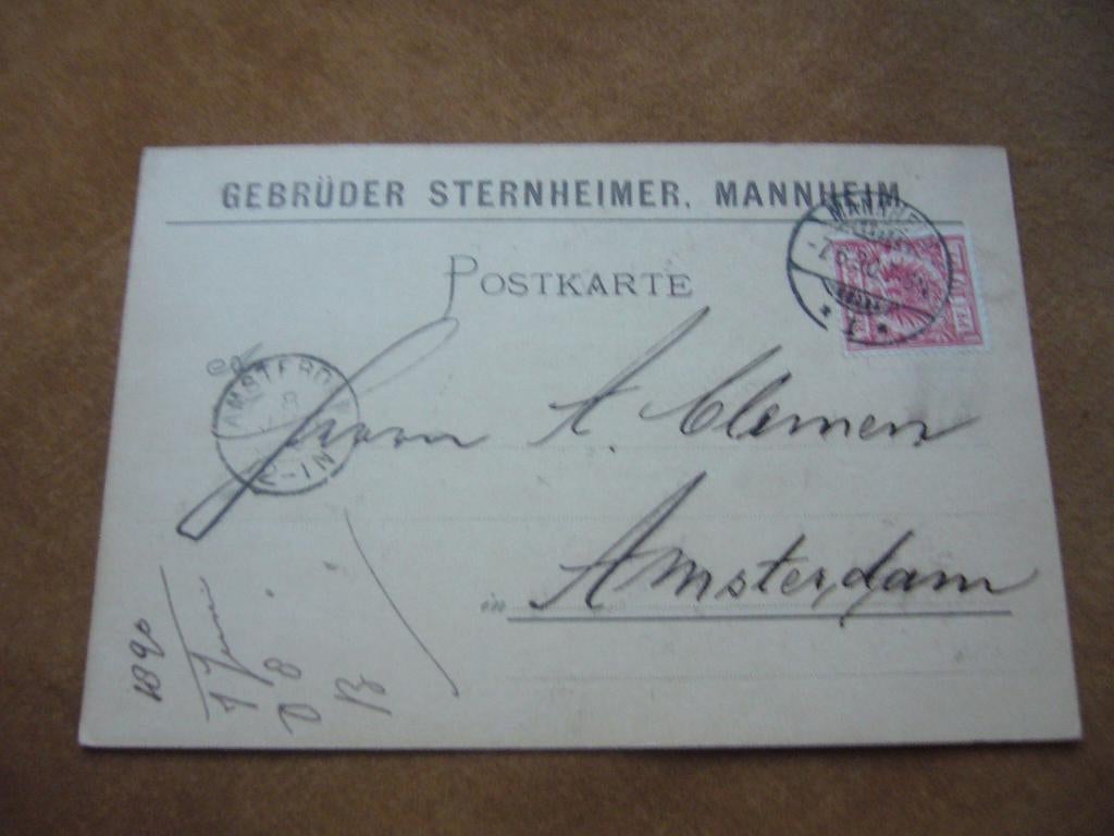 MANNHEIM GEBRUDER STERNHEIMER 1890 - VERSTUURD N, AMSTEDRDAM, Ophalen of Verzenden, Voor 1920, Gelopen, Duitsland