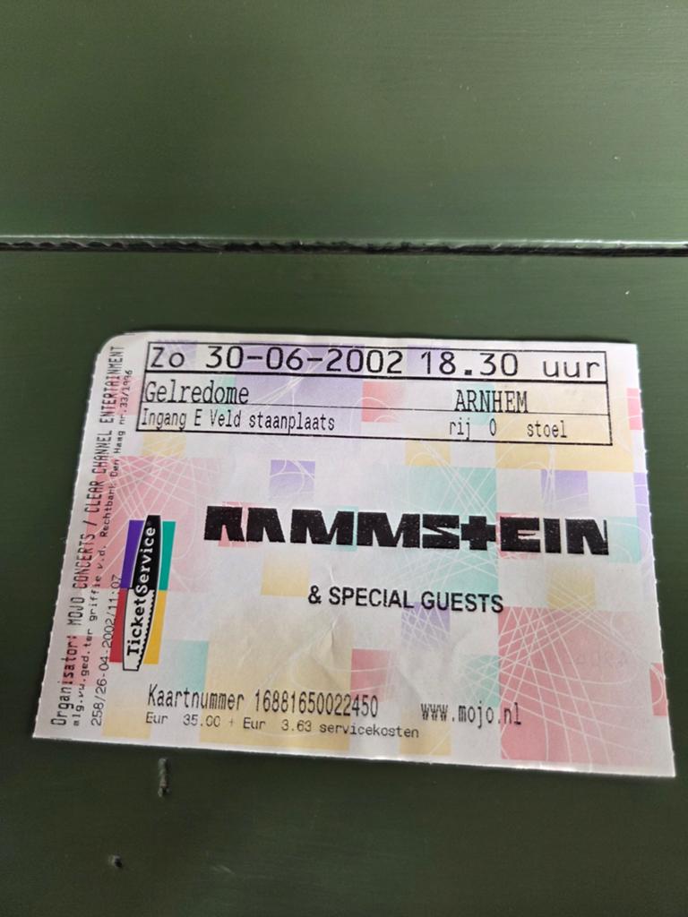 Concertkaart Rammstein Gelredome 30 juni 2002, Verzamelen, Ophalen of Verzenden, Zo goed als nieuw, Overige typen