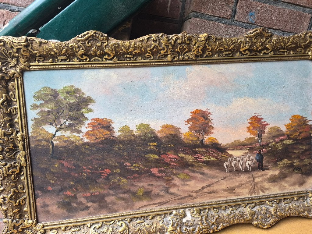 Herder met een kudde schapen, van Ooms, op een zandpad, Ophalen, Paneel, Olieverf, Klassiek