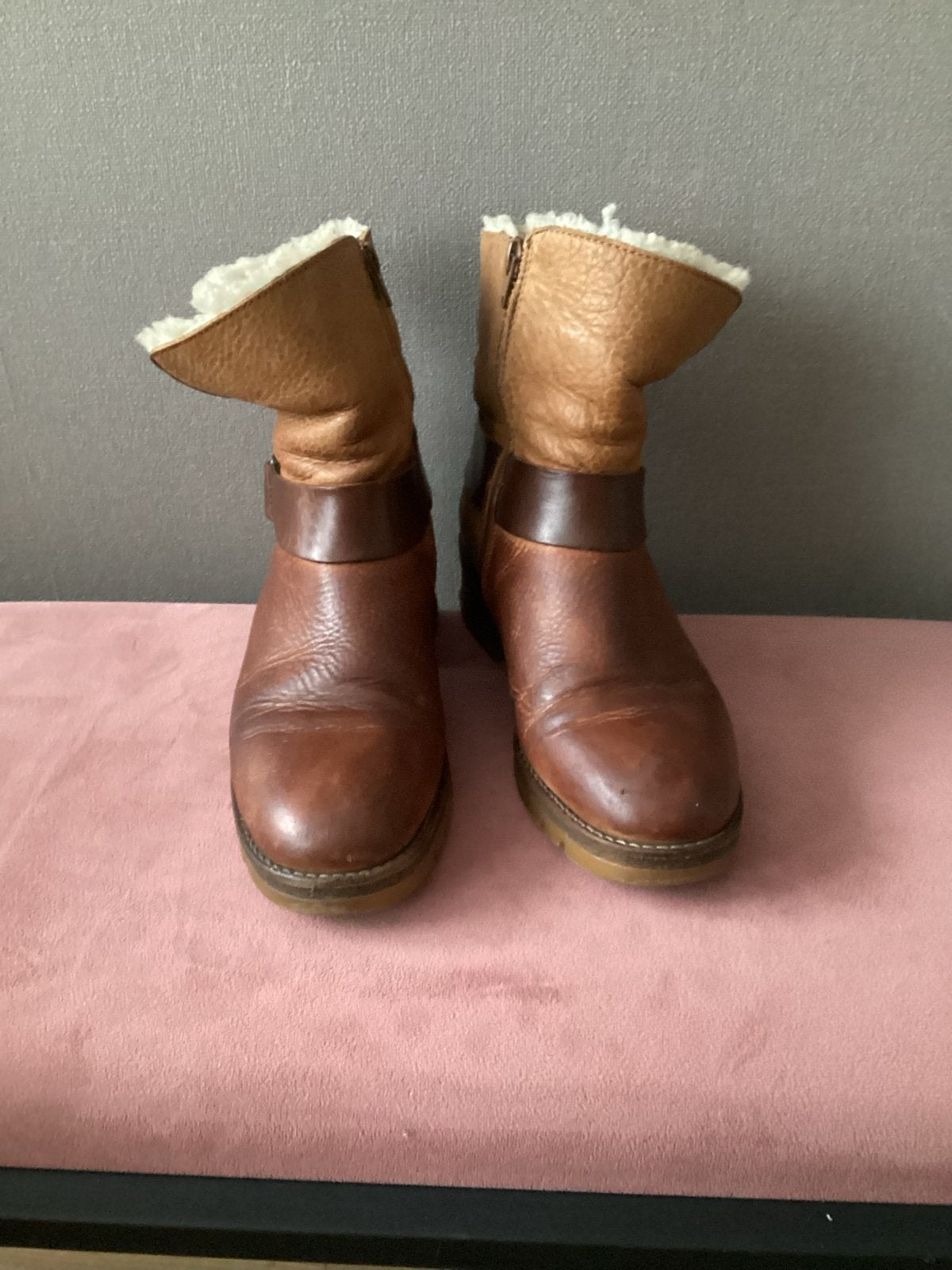 VIA Bruine Leren Laarzen met Bontvoering - Maat 39, Kleding | Dames, Bruin, Lage of Enkellaarzen, Ophalen of Verzenden, Gedragen