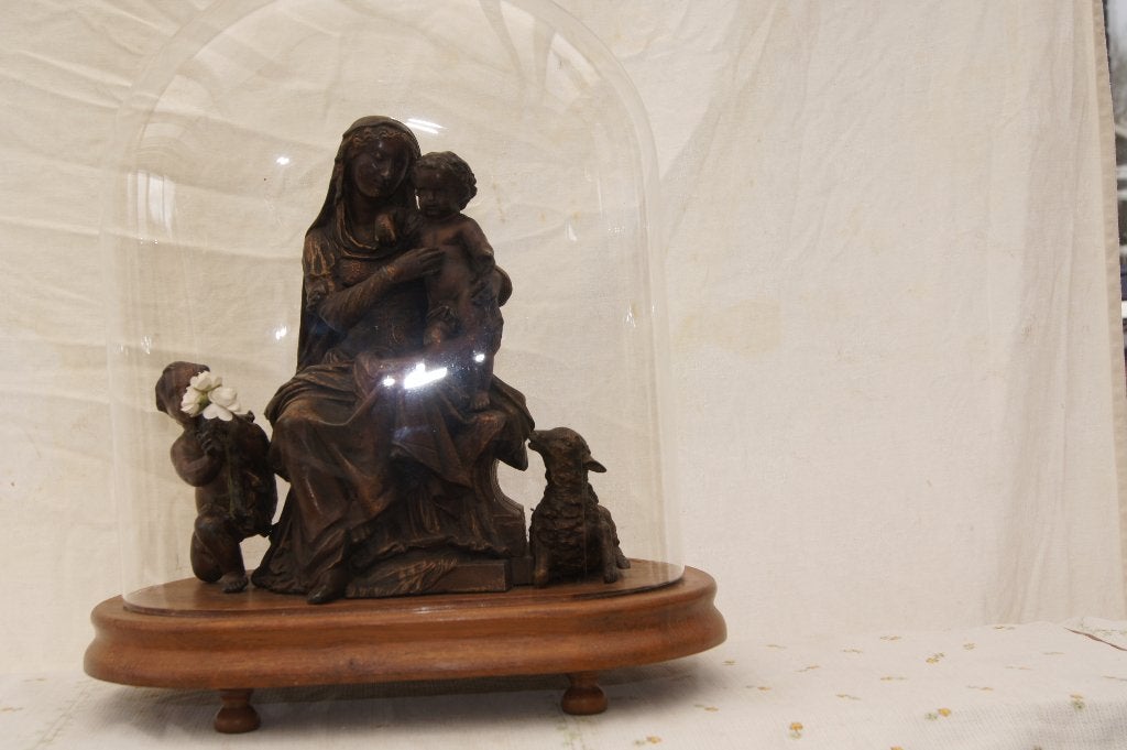 Antiek Mariabeeld met kindje Jezus onder stolp, Ophalen of Verzenden