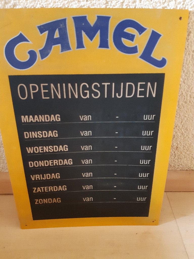 camel openingstijdenbord, Ophalen, Gebruikt, Reclamebord