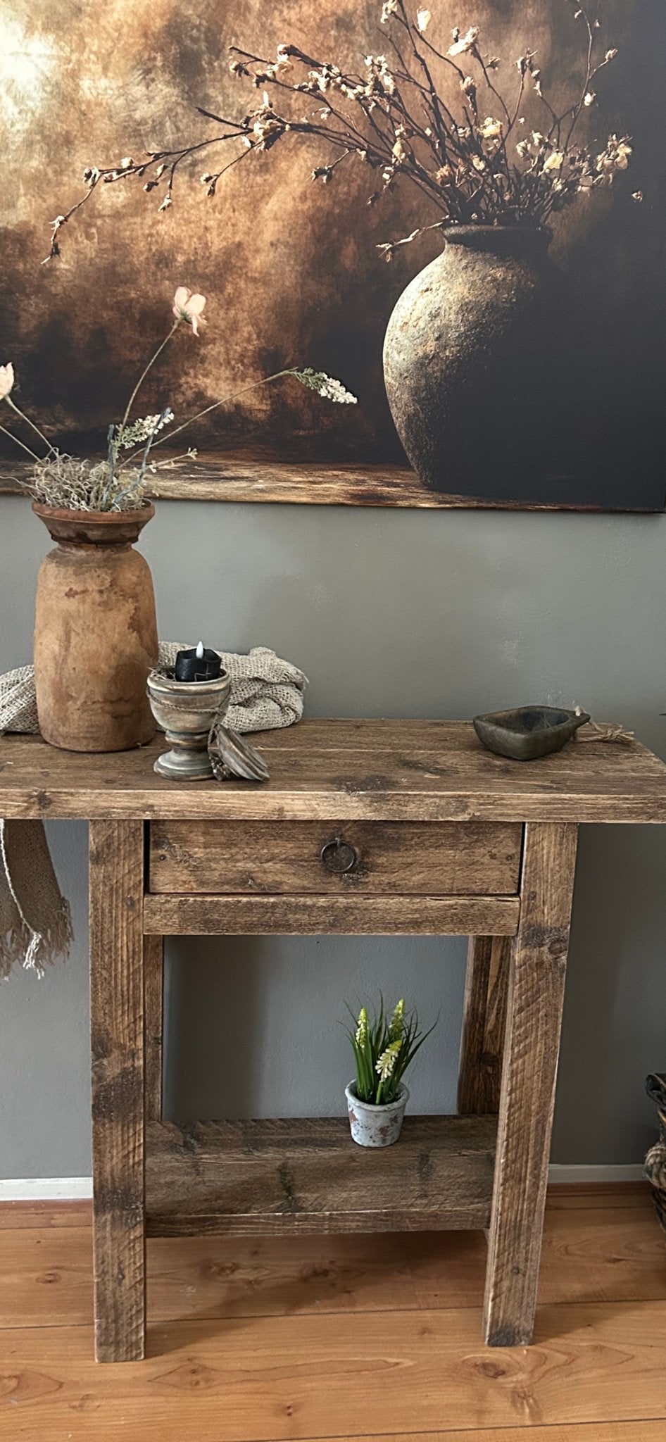 Rustieke houten sidetable met lade, Huis en Inrichting, Ophalen, 50 tot 100 cm, Nieuw, Overige houtsoorten
