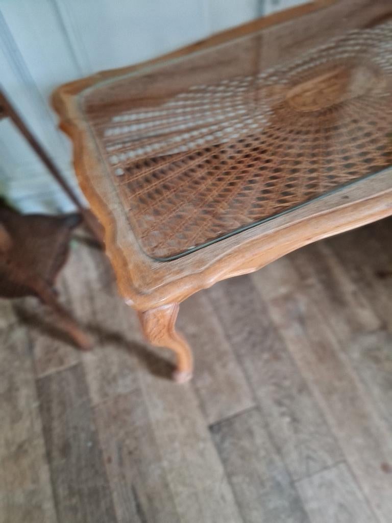 Vintage Queen Ann salontafel met glazen blad, Antiek en Kunst, Ophalen