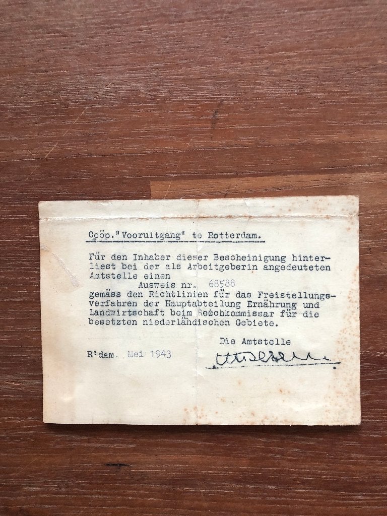 Mei 1943 Ausweis (niet op naam) voor Coöp. "Vooruitgang", Verzamelen, Militaria | Tweede Wereldoorlog, Verzenden, Nederland, Overige typen
