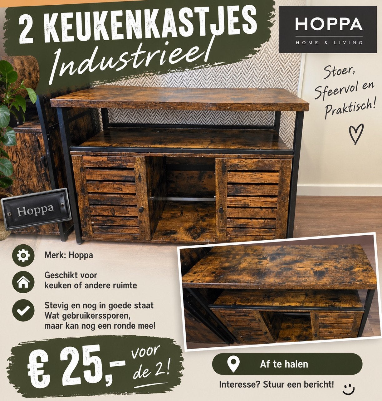 2 Industriële Keukenkastjes Hoppa - Stoer & Praktisch, Huis en Inrichting, Ophalen of Verzenden