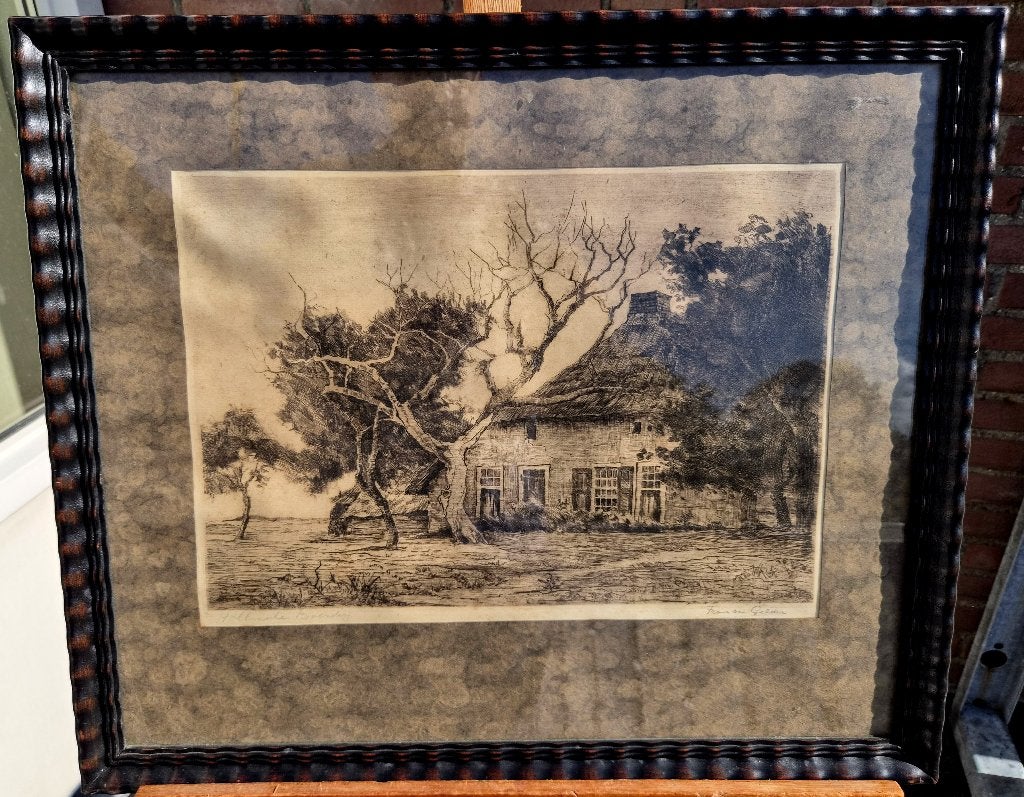 Frans van Gelder (1876-1935) Hollandsche boerderij ~1920 ets, Antiek en Kunst, 30 cm, Ets, 42 cm, Ophalen of Verzenden