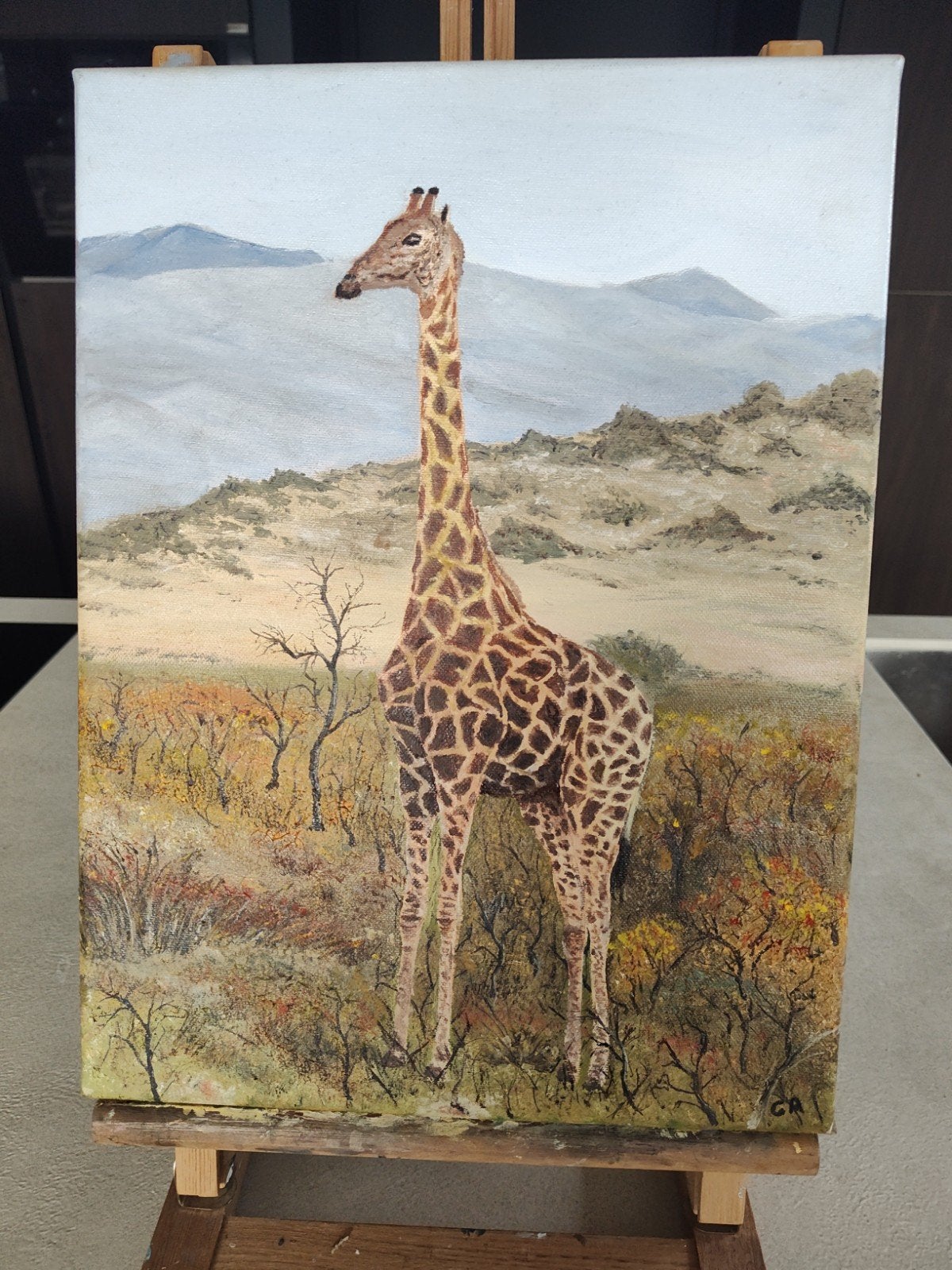 olieverf schilderij , giraffe, Antiek en Kunst, Doek, Realistisch, Dieren, Ophalen of Verzenden