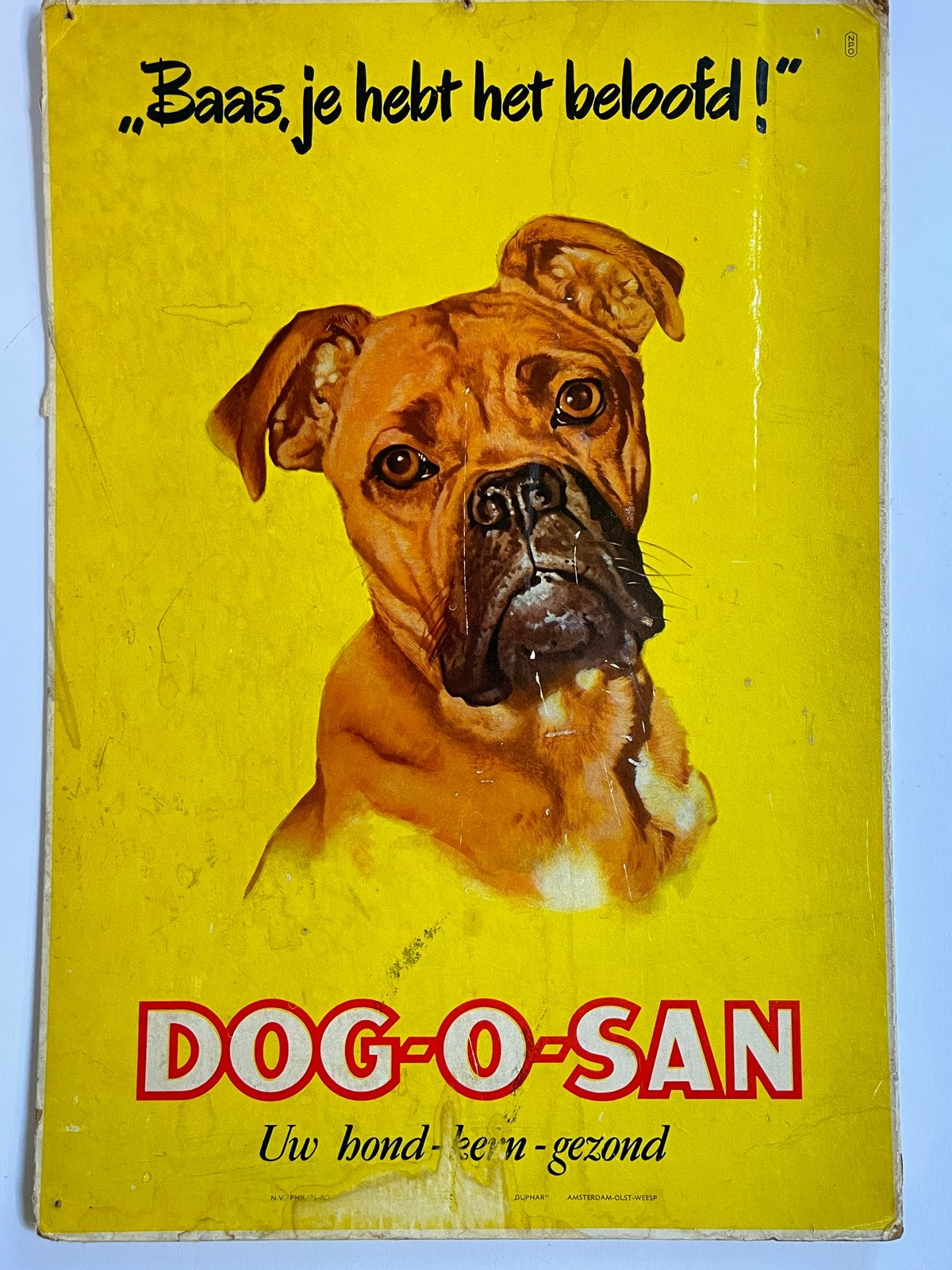 Affiche Dog-O-San Jan Wijga 1958 “Baas, je hebt het beloofd”, Ophalen of Verzenden, Gebruikt, Reclamebord