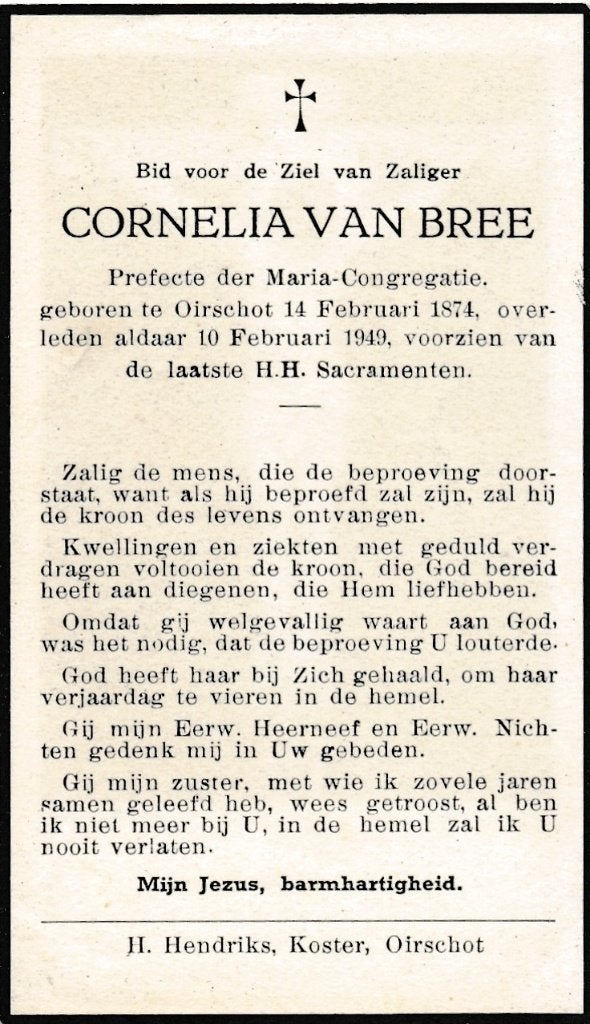 Bree Cornelia 1874 Oirschot 1949, Ophalen of Verzenden, Bidprentje