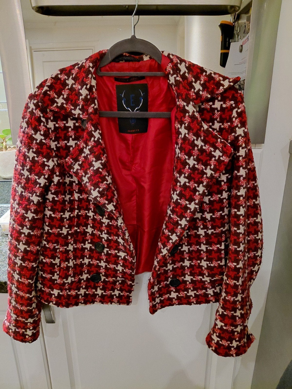 Stijlvol rood/wit pied-de-poule jasje van Eddy's Jackets, Maat 38/40 (M), Ophalen of Verzenden, Zo goed als nieuw, Jasje