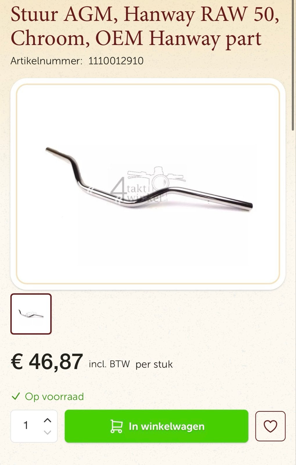 Origineel Stuur Hanway Raw 50 - Zo goed als nieuw, Ophalen, Zo goed als nieuw, Overige typen