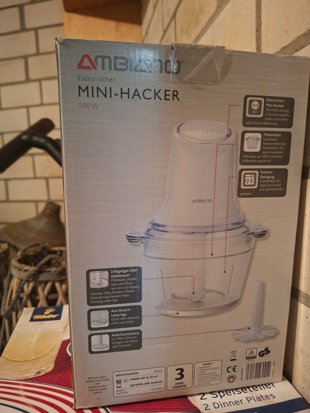 Ambiano Elektrische Mini-Hakker 500W - Nieuw in doos, 2 snelheden, Nieuw, Ophalen of Verzenden, Vaatwasserbestendig