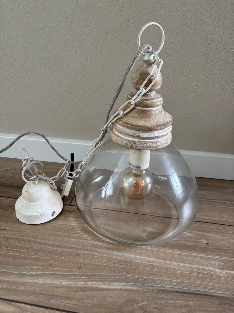 Hanglamp - Loberon - hout-glas, Ophalen, Gebruikt, E27 (groot), Landelijk