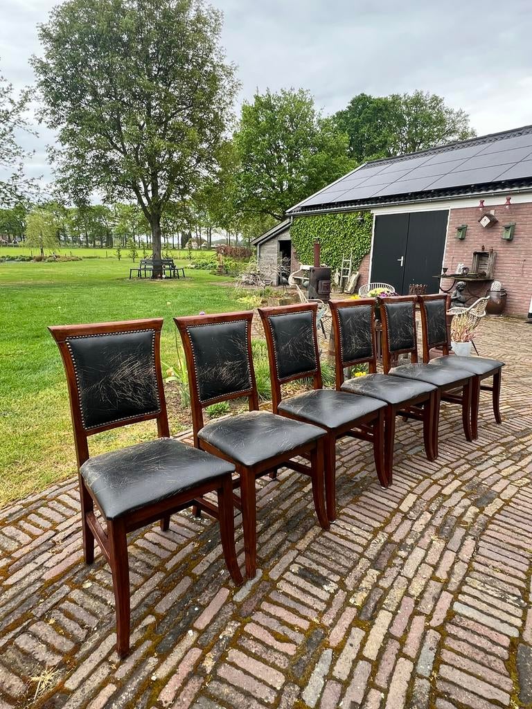 6 eetkamerstoelen met zwart craquelé leer, Ophalen, Gebruikt, Zwart, Leer