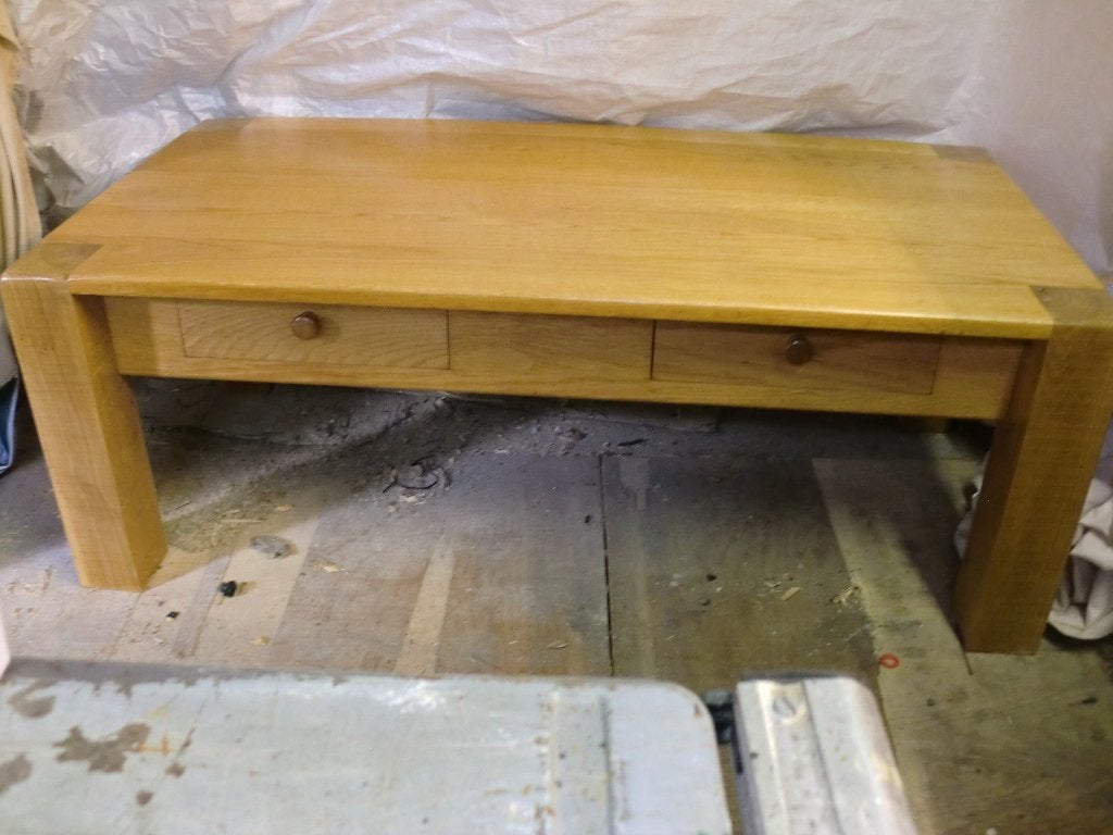 Eiken salontafel met 2 lade, Ophalen, Rechthoekig, 100 tot 150 cm, 50 tot 100 cm