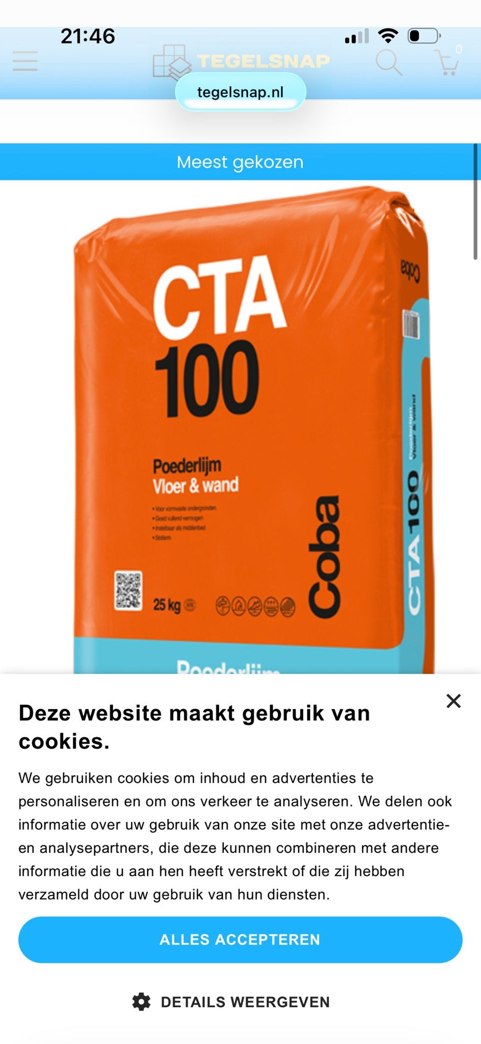 Coba CTA 100 Poederlijm Vloer & Wand 25 kg, Ophalen of Verzenden, Nieuw, Overige materialen, Overige typen