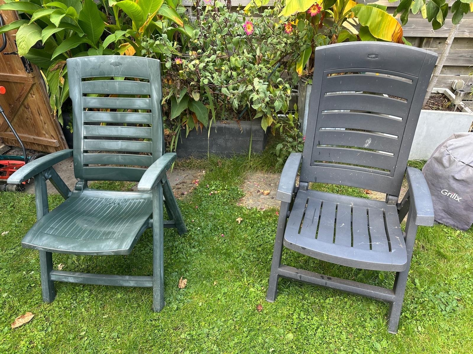 6x Tuinstoelen met 4x tuinkussens, Ophalen, Gebruikt, Kunststof, Inklapbaar