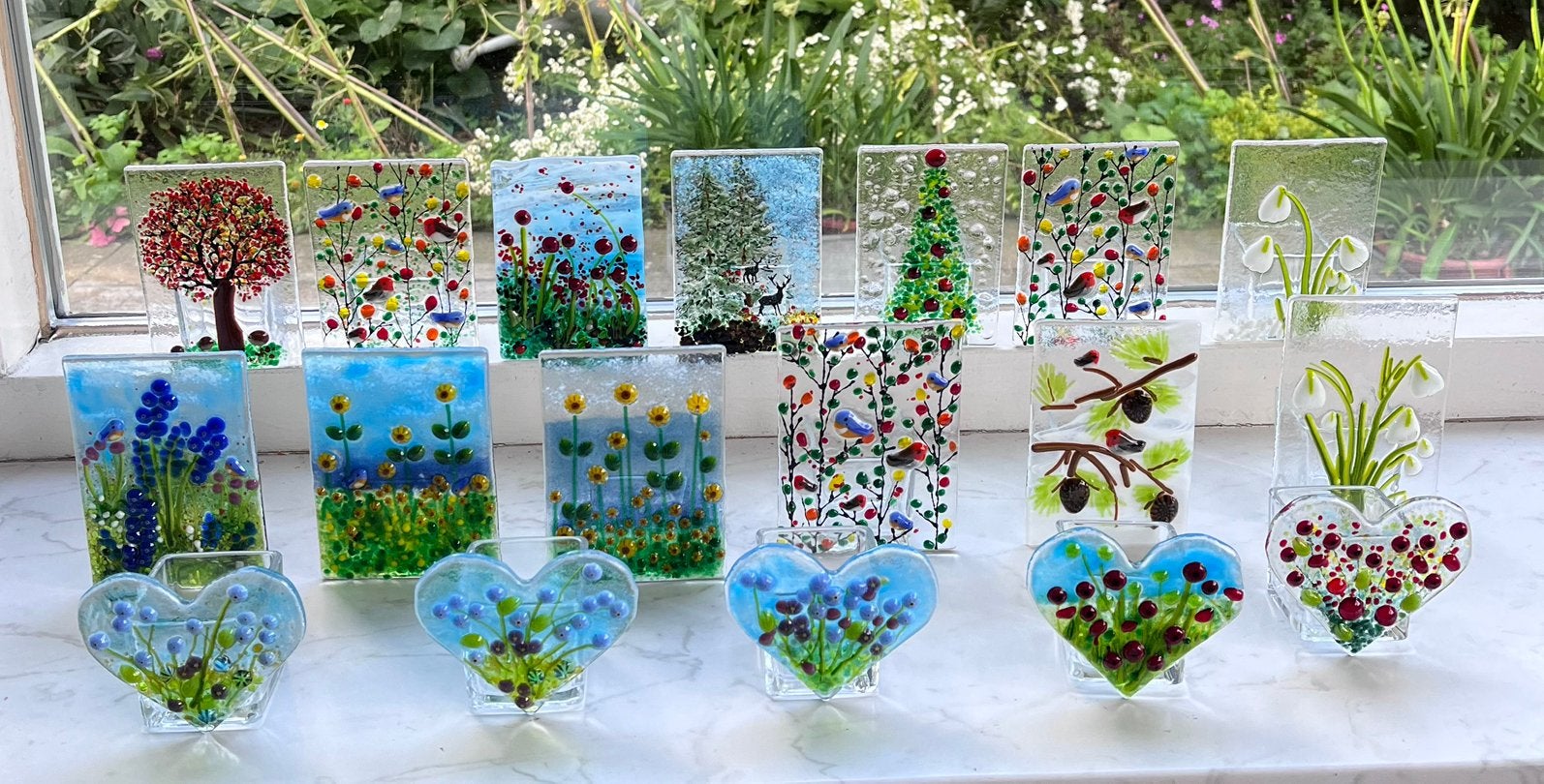Waxinelichthouder glasfusing zonnebloem vogel roos, 12 cm, Meerkleurig, Overige merken, Waxinelichthouder