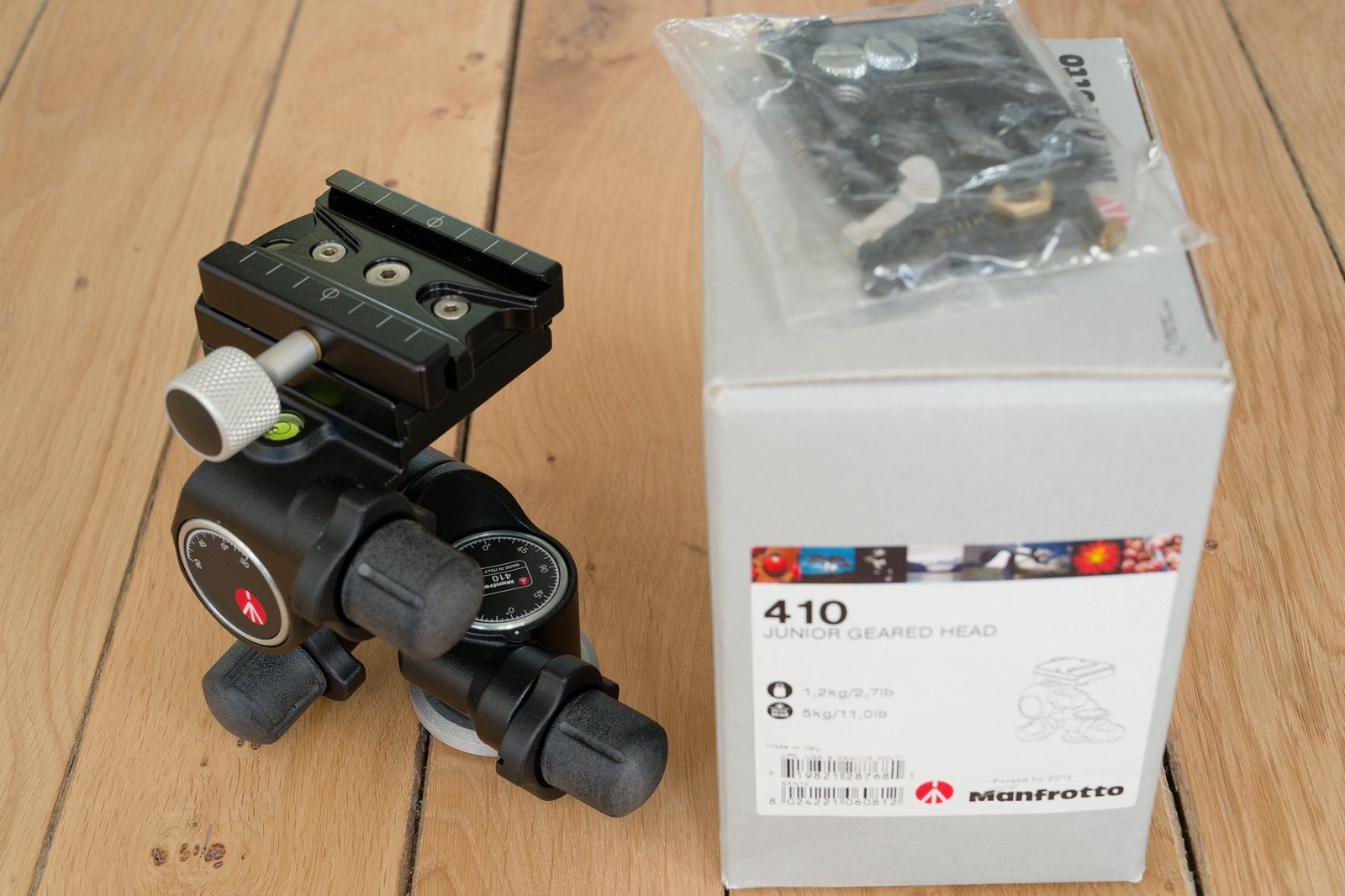 Manfrotto 410 Junior geared head statiefkop–Arca-Swiss clamp, Ophalen of Verzenden, Zo goed als nieuw, Statiefkop, Manfrotto