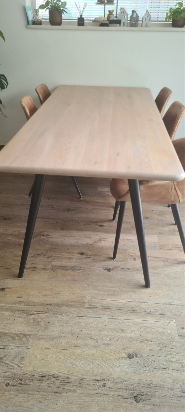 licht eiken tafel en 5 wild leren stoelen, Huis en Inrichting, Tafels | Eettafels, Ophalen, Eikenhout, 200 cm of meer, 50 tot 100 cm