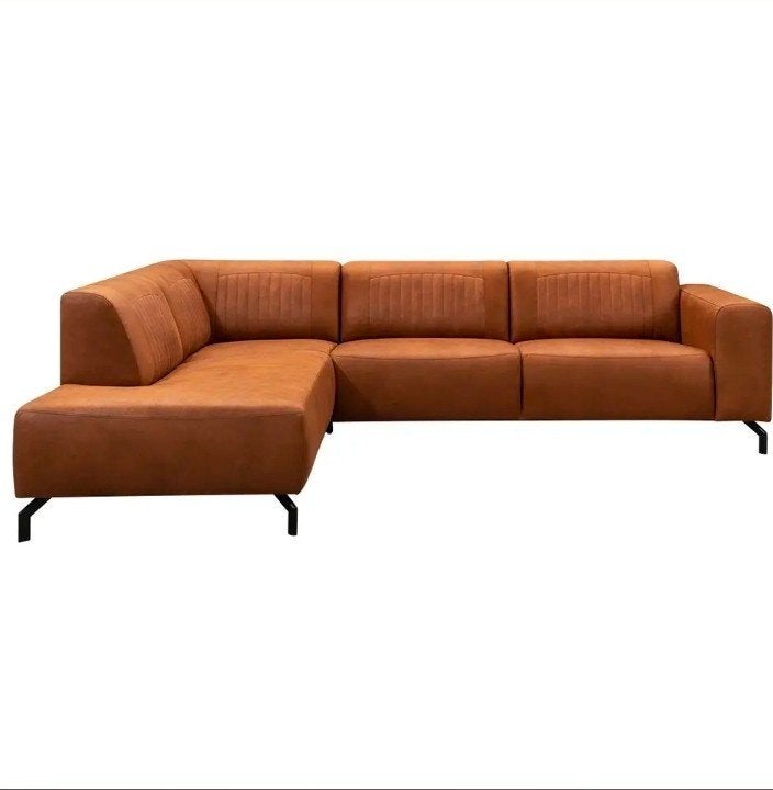 Leen Bakker Hoekbank Bruin Microleer 276x210 cm, Ophalen, Overige materialen, 250 tot 300 cm, Gebruikt