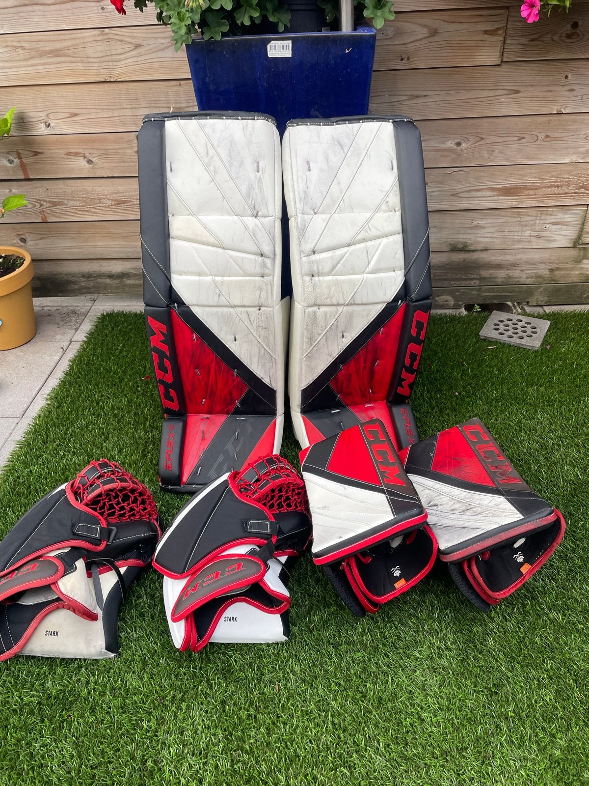 CCM EFlex 5 ijshockey goalie set (pads, catcher, blocker), Ophalen, Gebruikt