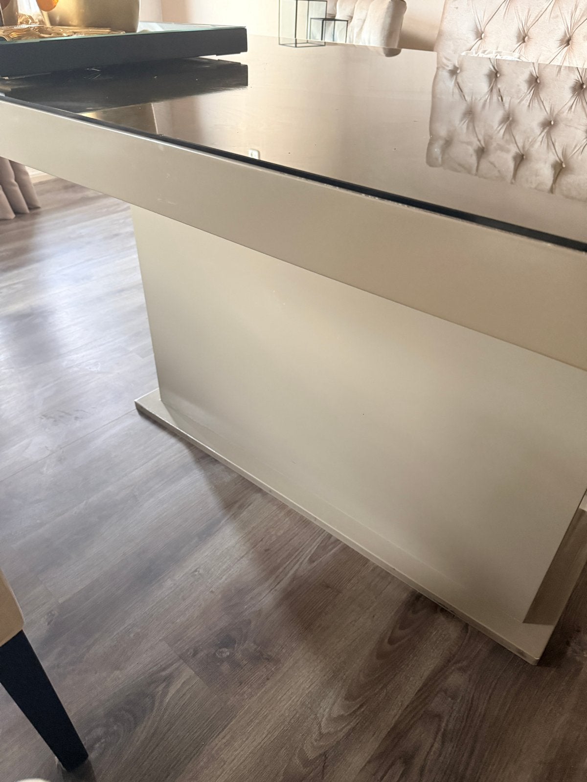 Taupe eettafel met glasplaat en salontafel, Huis en Inrichting, Ophalen of Verzenden, Gebruikt, Glas