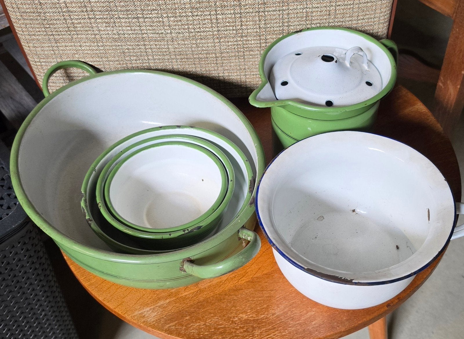 Vintage geëmailleerde keukenset - groen en wit, Antiek en Kunst, Ophalen of Verzenden