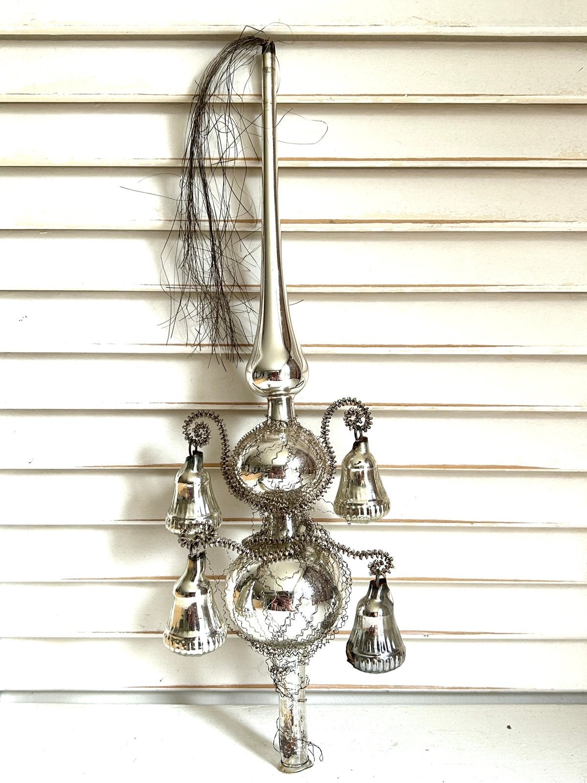Antiek glazen kerstboompiek belletjes tinsel 30 cm, Diversen, Ophalen