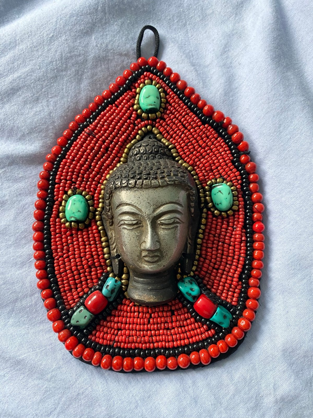 Boeddha wanddecoratie met kralen en turkoois, Ophalen