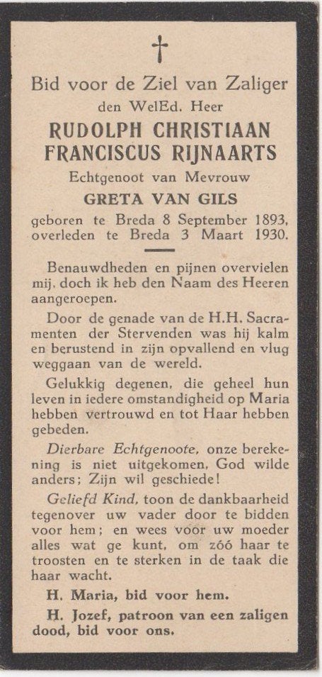 Rudolph C.F. Rijnaarts 1893 Breda + 1930 Breda, 36 jaar oud, Verzenden