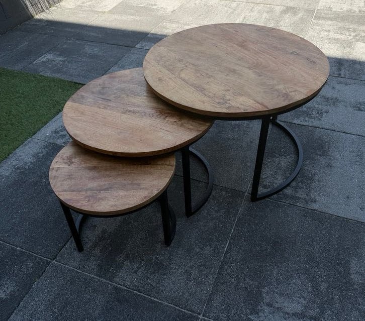 Set van 3 ronde salontafels - Hout en Metaal, Huis en Inrichting, Tafels | Salontafels, Ophalen, Gebruikt, Rond, 50 tot 100 cm