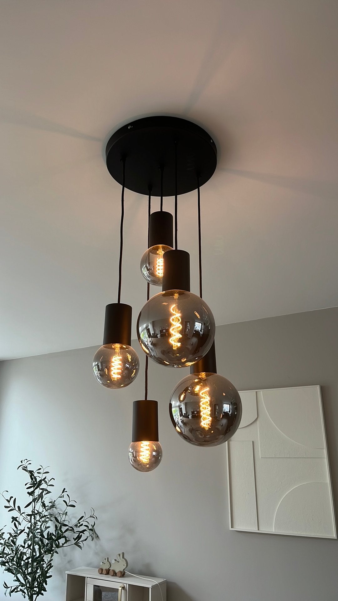 Hanglamp Trecate Mat zwart smoke glas 5-lichts rond, Ophalen, Zo goed als nieuw